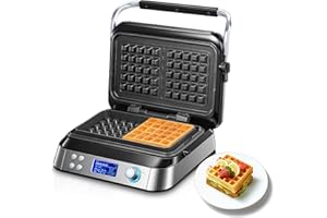 FOHERE Pro Smart Waffle Maker, Non-Stick, 7 Browning Levels, 5 Programmes, Family Size, Digital Display, Overflow Protection, 1600W, Countdown Timer, Audible Alerts (Silver)