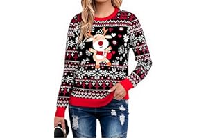 Litherday Sweter bożonarodzeniowy damski na Boże Narodzenie, sweter z dzianiny, okrągły dekolt, długi rękaw, renifery, płatki śniegu, miękki sweter, Boże Narodzenie, zima