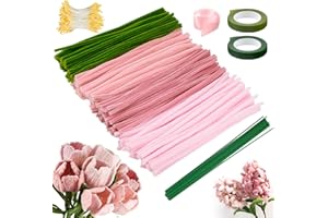 VIBINHO 300 PCS Fil Chenille, Kit Bouquet Cure Pipe pour Fleurs Tulipes avec Fil Métallique Vert, Ruban Floral, 2 Rouleaux de Ruban Adhésif, Étamines Artificielles, Bouquet pour Décoration DIY (Rose)