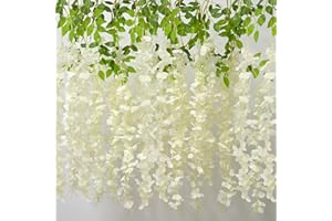 AIBAOBAO Artificial Flowers Wisteria 12PCS, Fake Flowers Vine Garland, Hanging Trailing Plants Bush String Flower for Wedding, Party, Ceremony, Home, Garden, Outdoor, Indoor Decoration (White)