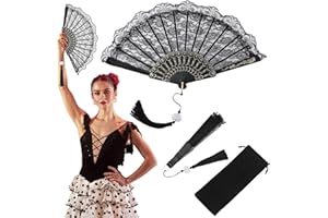 QUEEKAY Black Lace Hand Fan Folding Wedding Fans Single Layer Foldable Fan with Tassel Plastic Spanish Handheld Foldable Rave Fan for Women Girls Halloween Dress up Costume Dancing Party Decoration, 9.5 Inch