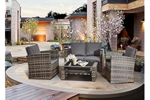 COSMO BUY 4-Seater Mix Grey Rattan Corner Sofa Set 4 Piece Indoor/Outdoor Rattan Garden Furniture Sets Patio Wicker Backyard Conservatory 1x Double Sofa, 2x Armchairs, w/ALL Cushions & Top Glass Table