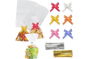 RAY CRAFT Cellophane Bags 6x10 Inch (60 Pcs) – with tie and pulling bow – Clear Plastic Cookie Bags for Treats, Snacks, Party Favors, Bakery & Candy Packaging