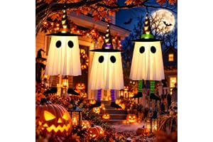 CNMTCCO Dekoracje na Halloween, zestaw 3 kapeluszy wiedźmy, wisząca wiedźma, oświetlony latający duch żniwiarza, biały duch w kapeluszu czarodzieja, do dekoracji na imprezy, taras, drzwi, okna, drzewo