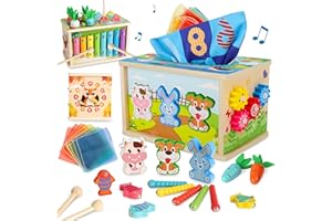 Charmofun Montessori Spielzeug Baby, 6 in 1 Tücherbox Holzspielzeug, Motorikwürfel Lernspielzeug ab 1 Jahr, Motorikspielzeug mit Xylophon, Formensortierer
