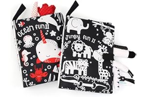 Ballery Livre Tissu Bébé, Lot de 2 Livre de Tissu de Queue, Livre Sensoriel Bebe Livre Noir et Blanc Bébé 3D Toucher Soft Book Lavable Premier Livre Jouet pour Enfants Bambin (Noir Blanc)