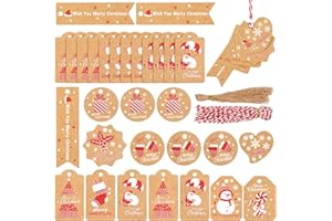 FUNVCE 90 Stück Geschenkanhänger Weihnachten,Kraftpapier Weihnachten Etiketten,Weihnachtsanhänger mit Schnur für Weihnachts Geschenke Weihnachtsbaum Dekoration(15 Designs) (Kraftpapier 1)