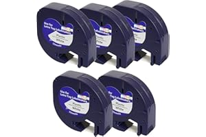 INVOKER Prestige Cartridge 5 Casetes de Cinta compatibles con Dymo LetraTag 91201 S0721610 S0721660 Negro sobre Blanco 12mm x 4m para DYMO LetraTag LT110T, LT100H, LT100T, QX50, XR