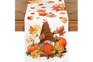 BOOMTOP Autumn Table Runner, Maple Leaves Gnome Pumpkins Table Runner for Fall Harvest Thanksgiving Halloween Seasonal Fall Kitchen Dining Table Home Decoration (180 * 33cm)