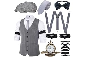 JONRRYIN 20er Jahre Kostüm Herren Accessoires, 1920er Mafia Kostüm Herren Set, 20er Jahre Herren Kleidung Zubehör mit Westen & Verschiedenen Accessoires für Halloween, Karneval Kostüm