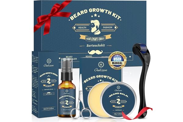 Kit Barbe Homme, Oukzon Kit Croissance Barbe, Coffret Cadeau Soins Barbe Homme Professionnel - Produit Barbe avec Rouleau Barbe, Huile Barbe, Baume Barbe, Ciseaux Barbe | Pousse barbe et Cadeau Homme