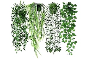 Roqueen 4 Piezas Plantas Artificiales Colgantes para Estantería, Enredadera de Eucalipto en Maceta Falsa, Mandala Rebe, Helecho de Boston, Pothos en Pot para Inicio Habitación Pared Estantería Interio
