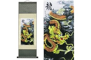 Valart Peinture sur Rouleau Soie Asiatique Dragon Oriental Décoration Murale Peinture Art Chinois Dragon Doré à Cinq Pattes Défilement Peinture Suspendue Décor Oriental(93 x 30 cm)