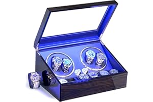 ANWBROAD Remontoir à Montre Ecrins pour Montres Automatiques pour 4 +6 Boîte à Remontoir de Rangement Supersilencieux Luxueux Watch Winder LED Légère 4 Modes de Rotation en fibre de carbone JWW002E