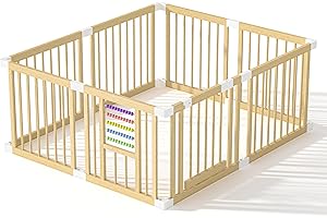 SUIHUOOO Baby Playpen (160 * 120 * 61CM) Wooden Playpen for Babies and Toddlers, Baby Fence with Colorful Acrylic Beads, Play Area with Suction Cups, Extra Large Play Pen Area Indoor, S
