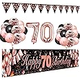 70th Birthday Decorations for Women, SWPEED 70th Birthday Decoration Kit with Rose Gold Happy 70th Birthday Banner, Black Rose Gold Balloons Confetti Balloons, Number 70 Balloon Triangle Flag Banner