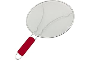 MAKREL® Premium Stainless Steel Splatter Screen Guard Extra Fine Mesh Frying Pan Cover with Heat Resistant Handle. Protect from Hot Oil & Grease Splash When Cooking and Frying (Red Handle, 29cm)