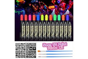 CHASPA Neon UV Face Paint Glow in The Dark 12 Colors Water Based Fluorescent Body Paint Sticks Crayons with Stencils and Brushes under Blacklight for Glow Party, Festival, Discos, Halloween