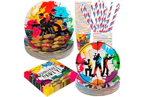 BOIKOKY Paintball Geburtstagsparty Dekorationen, 120 Stück Paintball Themen Partygeschirr Inklusive Pappteller, Servietten, Becher und Strohhalme, für 24