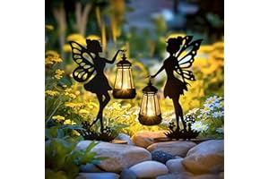 GIGALUMI Lot de 2 Statues de Fée en Fer avec Lampes Solaires - Décorations de Jardin étanches pour Terrasse, Cour, Unique pour Maman