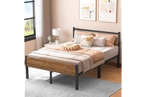 Yornoli Double Bed Frames with Wood Headboard 31.5cm Metal Platform Bed Frame with Storage Sturdy Non-Slip Without Noise No Box Spring Needed Black & Rustic Brown