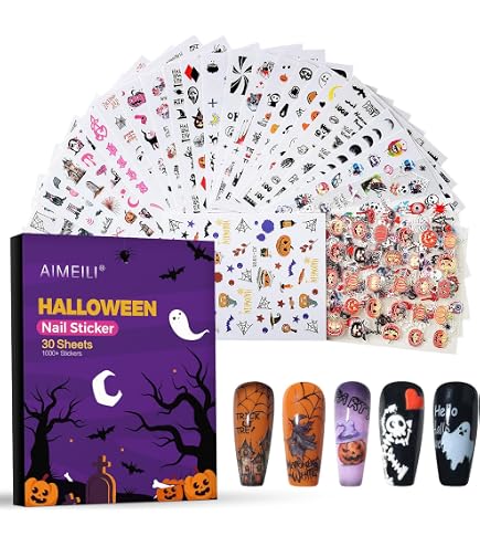 Halloween-Nagelaufkleber-Set – Selbstklebend, Verschiedene Grusel-Motive, Glitzer, Wasserfest
