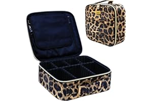 FAIM BEAUTY Travel Makeup Train Case Makeup Cosmetic Case Organizer Portable Artist Storage Bag with Adjustable Dividers for Cosmetics Makeup (Leopard, Small)