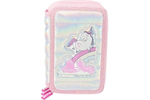 Girabrilla Puffer Astuccio Unicorno a 3 Scomparti da Scuola, per Bambini, Effetto Piumino, colore Rosa