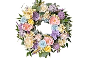 CIR OASES 22-inch Spring colorful wreath Artificial Rose hydrangea Peony Wheat ear wreath Spring Summer Front porch fireplace Decorative wreath Wedding birthday party Festive party Decorative wreath