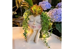 LIFEMET Blumentopf Kopf Gesicht,Solar Sukkulenten Topf,Kaktus Pflanze Blumentopf Gesicht mit Led Lichterkette mit Ablaufloch,Wasserdicht Harz Geschlossene Augen Damen Blumentöpfe Balkon Deko Gartendeko