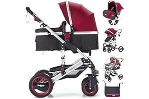 Daliya Bambimo 3in1 Kinderwagen Kombikinderwagen Riesenset 15-Teilig incl. Babywanne, Buggy, Babyschale mit Fußsack, Alu-Rahmen, Voll-Gummireifen, Wickeltasche, Kindertisch - (Bordeaux-Rot-Silber)