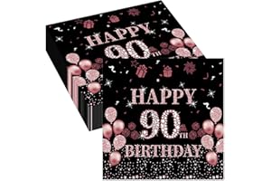 WENTSENT 90th Birthday Black Rose Napkins, Black Rose Gold Napkins Birthday for Women, 40Pcs Tableware Party Paper Napkins, 90th Birthday Party Supplies Table Decoration