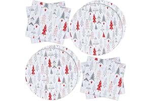 ZVK Vajilla de fiesta, Juego de Platos, Servilletas 40 piezas Árbol de Navidad blanco Juegos de vajilla para fiestas de papel Juegos de cubiertos desechables para Navidad, Año Nuevo