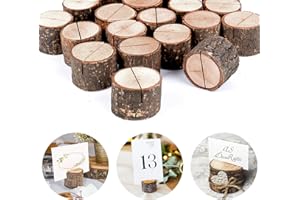 estcoo 20 Stück Tischkartenhalter Holz & Platzkarten, Rustikale Kartenständer Hochzeit Menükartenhalter mit 20 Stück Kraft Papier Karten Tischnummernhalter Fotohalter für Hochzeitsfeier Dekoration