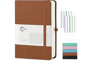 Fasood Carnet de Notes A5 Quadrillé,Cahier Couvert de Cuir,320 Pages,Papier épais 100g/M²,Onglets Multicolores,Languette Pour Stylo et Pochette Pour Documents,Journal à Offrir Pour L'école, le Bureau