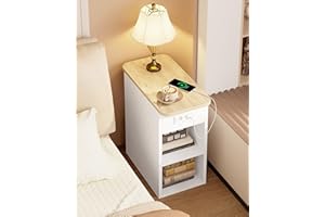 ‎IRONCK IRONCK Nachttisch schmal, Beistelltisch mit Steckdose 2 AC, 1 USB+1 Type C-Anschlüsse, Holz Sofatisch, Couchtisch mit Flip geheimfach, 2 offene Fächer, Nachtschrank für Wohnzimmer, Schlafzimmer,Weiß