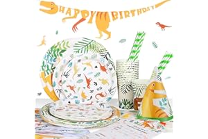 MOOKLIN ROAM Kit Festa Compleanno Dinosauro, Tavola Party Addobbi Inclusi Tovaglia, Striscioni, Piatti, Tovaglioli, Bicchieri, Bambini Compleanno Party Set per 16 Ospiti, 114pz