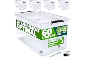 Deuba® 4X Boîte de Rangement 60L en Plastique Transparent empilable sans BPA Gain de Place Caisse de Rangement roulettes
