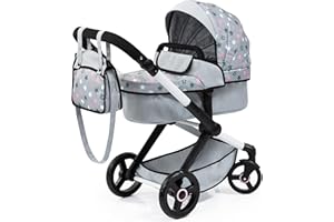 ‎BAYER DESIGN Bayer Design 17007AA Puppenwagen Xeo mit Tasche, höhenverstellbarer Griff, Schwenkschieber, wandelbar als Puppenjogger, bewegliche Vorderräder, integrierter Korb, Grau, Weiß, Rosa