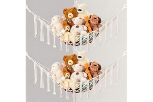 GLOSKIN 2pcs Rete Porta Peluche, Borsa Porta Peluche da Appendere, Amaca Porta Giocattoli in stile Bohémien Rete Portaoggetti da Angolo per Cameretta, Beige