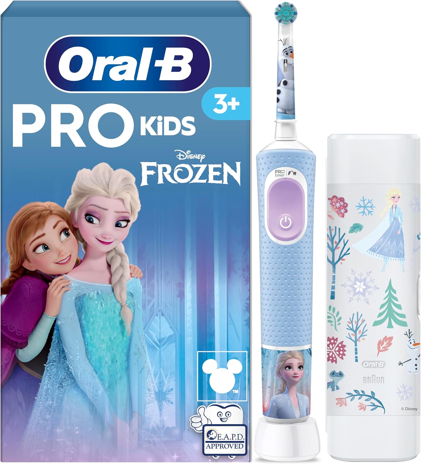 Oral-B Pro Kids Cepillo De Dientes Eléctrico, 1 Mango De Frozen, 1 Cabezal, 1 Estuche De Viaje, Diseñado Por Braun, Apto Para Niños Mayores De 3 Años