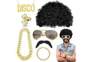 Conjunto de Disfraces de Hippies ZHSIHAI 7PCS Set de Disfraz Hippie Peluca Afro Disfraz de Collares Rapero Conjunto de Accesorios Hombre Hippie Peluca Hombre para Fiestas temáticas Hippie 50/60/70