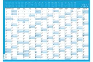 Jahresplaner 14 Monate foliert mit blauem Hintergrund 2027: Wandkalender 86x60 cm mit 14 Monaten auf 1 Seite, abwischbar, Mon