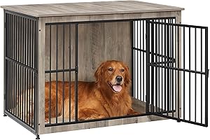 Feandrea Klatka dla psa, stolik boczny, klatka dla psa, nowoczesna buda dla psa do 37 kg, wytrzymała, zamknięta podłoga, buda dla psa z 2 drzwiami, marmurkowa szarobeżowa PFC024G01