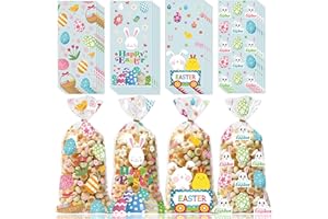GOMANCHE Easter Cellophane Bags, 100pcs Easter Treat Bags with Gold Twist Ties for Kids Easter Party Favor Supplies