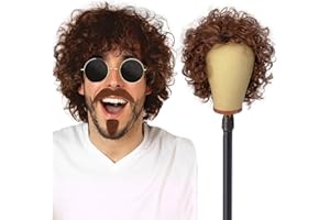 UILYNIU Hombres Peluca Bigote y Gafas de sol Hippie Disco Afro Peluca Rizada 70s 80s Rizada Hombres, Marrón Rock para Disfraz Halloween Carnaval Fiesta Cosplay (Marrón)