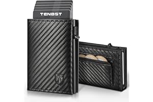 TENBST Portfel męski | Slim Wallet z kieszenią na monety i ochroną RFID | portfel męski | mini etui na karty | portfel i pudełko prezentowe | czarny karbonowy, czarny, 10 * 7 * 2cm, Casual