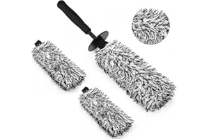 YeewayVeh 3PCS Car Wheel Cleaning Brush, Microfiber Flat Wheel Rim Cleaner Brush with 2 Extra Replaceable Wheel Brush Cover, Car Cleaning Brush Kit for Wheels Fenders Engine Exhaust Tips, Black&White