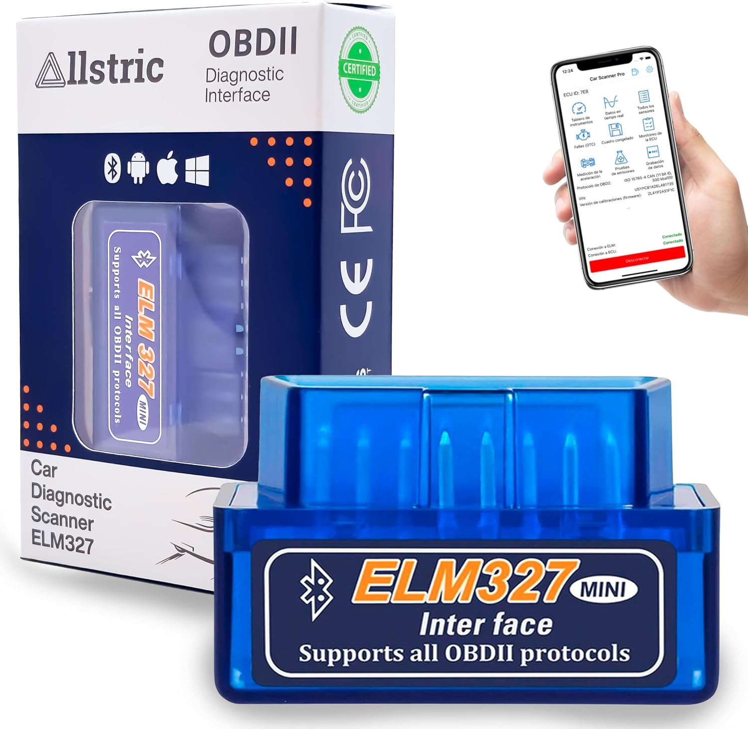 Allstric® Obd2 Diagnosis Coche Multimarca. ELM 327 Lector y Herramienta de Análisis y Diagnostico. Obd2 Bluetooth OBD Original para Escaner. Maquina Diagnosis Coche de Fallos y Errores.