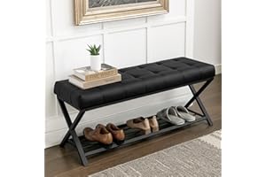 LUE BONA Upholstered Shoe Storage Bench with Shelf, 113cm End of Bed Shoe Bench, Leather Tufted Seat with Metal Frame, Modern Entryway Bench for Bedroom, Living Room, Black